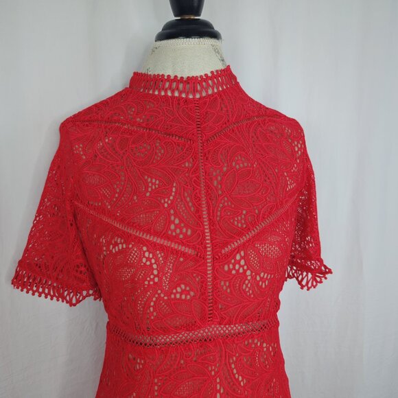 Bardot Lace Dress Medium Red Ruffle Mini - Picture 3 of 9